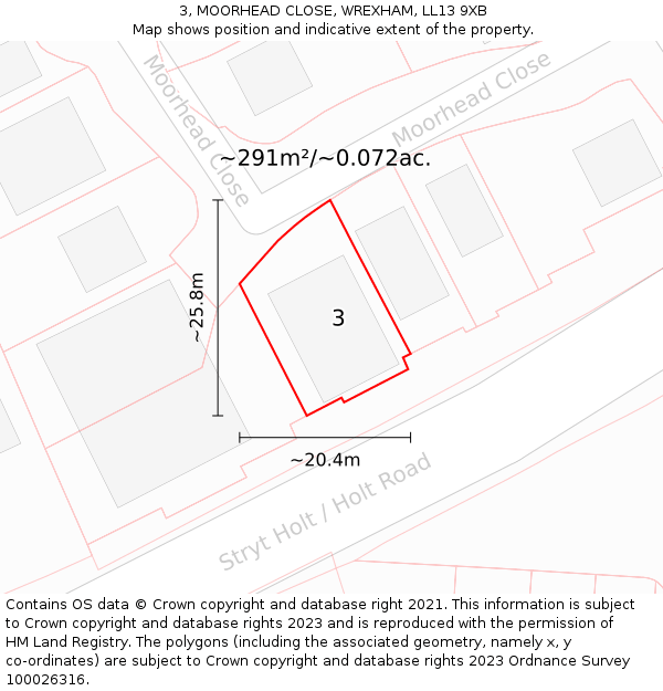 3, MOORHEAD CLOSE, WREXHAM, LL13 9XB: Plot and title map