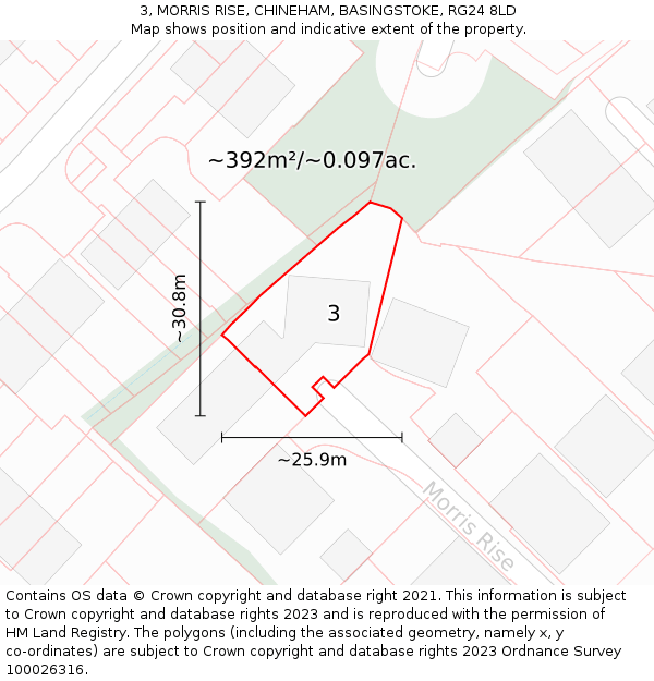 3, MORRIS RISE, CHINEHAM, BASINGSTOKE, RG24 8LD: Plot and title map