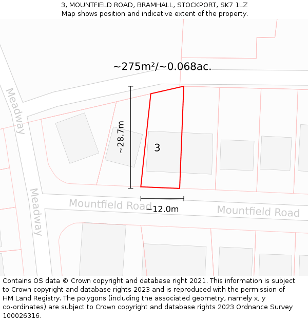 3, MOUNTFIELD ROAD, BRAMHALL, STOCKPORT, SK7 1LZ: Plot and title map