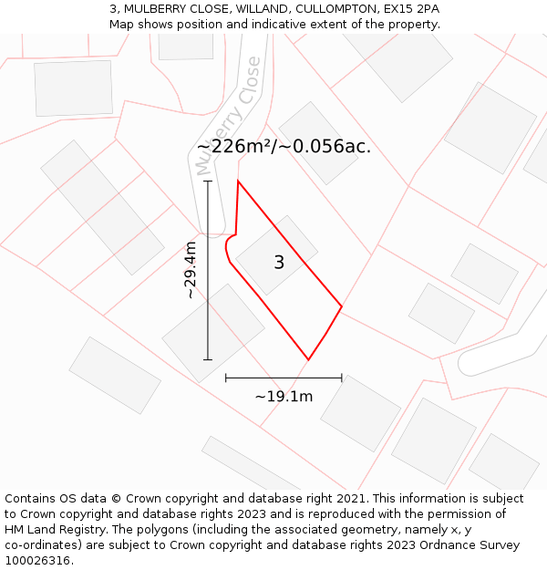 3, MULBERRY CLOSE, WILLAND, CULLOMPTON, EX15 2PA: Plot and title map