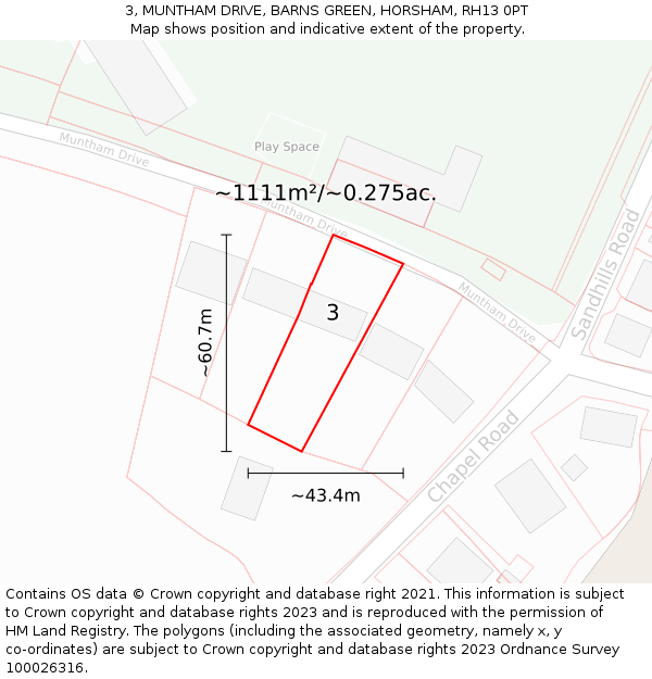 3, MUNTHAM DRIVE, BARNS GREEN, HORSHAM, RH13 0PT: Plot and title map