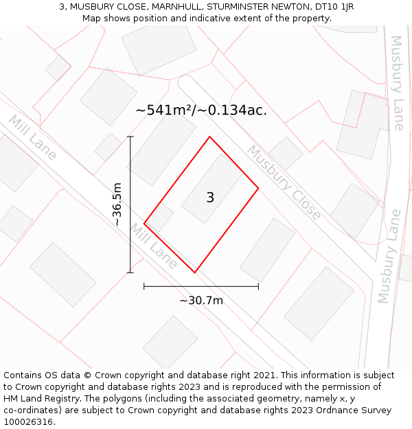 3, MUSBURY CLOSE, MARNHULL, STURMINSTER NEWTON, DT10 1JR: Plot and title map