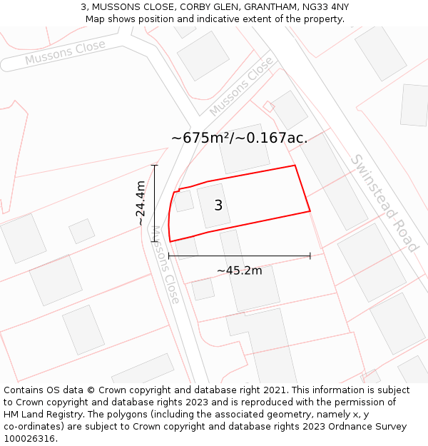 3, MUSSONS CLOSE, CORBY GLEN, GRANTHAM, NG33 4NY: Plot and title map