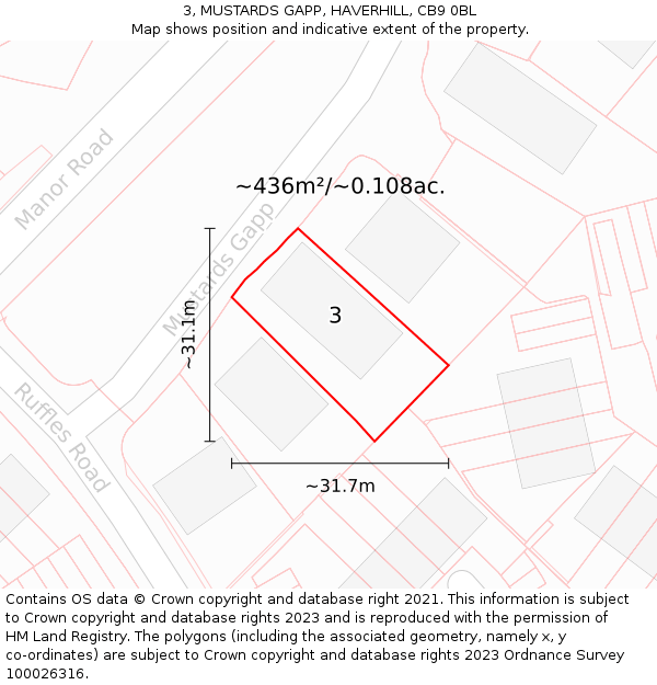 3, MUSTARDS GAPP, HAVERHILL, CB9 0BL: Plot and title map