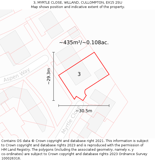 3, MYRTLE CLOSE, WILLAND, CULLOMPTON, EX15 2SU: Plot and title map