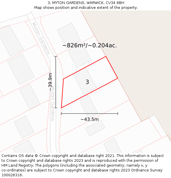 3, MYTON GARDENS, WARWICK, CV34 6BH: Plot and title map