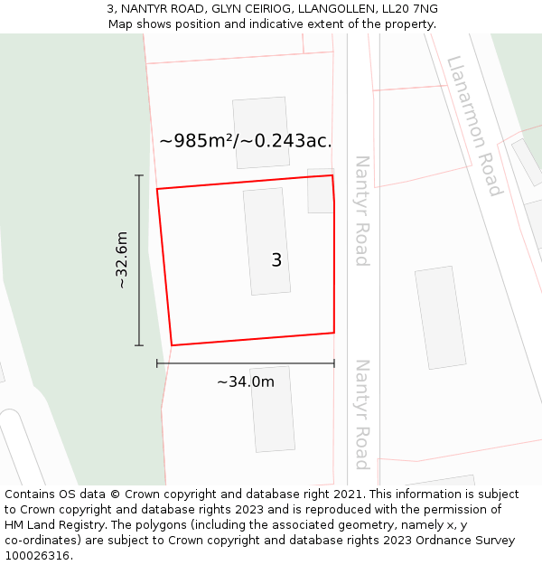 3, NANTYR ROAD, GLYN CEIRIOG, LLANGOLLEN, LL20 7NG: Plot and title map