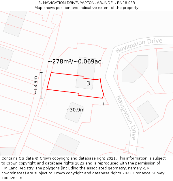 3, NAVIGATION DRIVE, YAPTON, ARUNDEL, BN18 0FR: Plot and title map