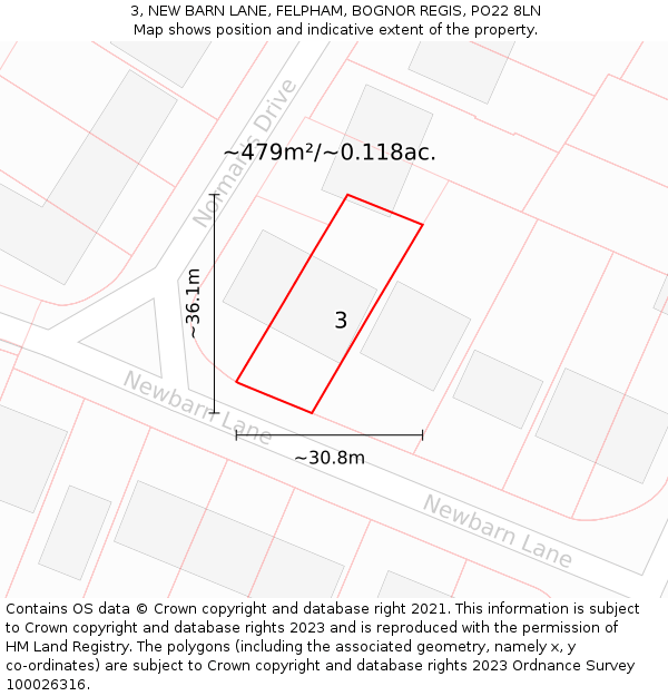 3, NEW BARN LANE, FELPHAM, BOGNOR REGIS, PO22 8LN: Plot and title map