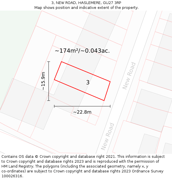 3, NEW ROAD, HASLEMERE, GU27 3RP: Plot and title map