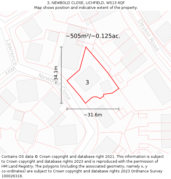 3, NEWBOLD CLOSE, LICHFIELD, WS13 6QF: Plot and title map