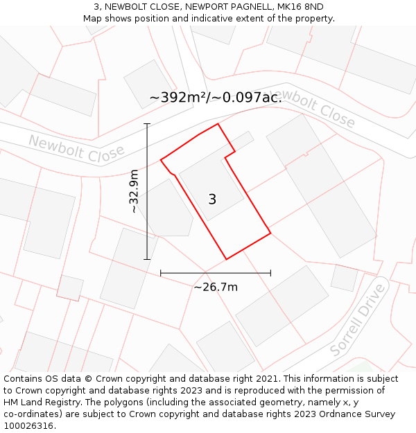 3, NEWBOLT CLOSE, NEWPORT PAGNELL, MK16 8ND: Plot and title map