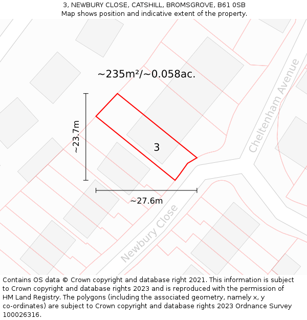 3, NEWBURY CLOSE, CATSHILL, BROMSGROVE, B61 0SB: Plot and title map