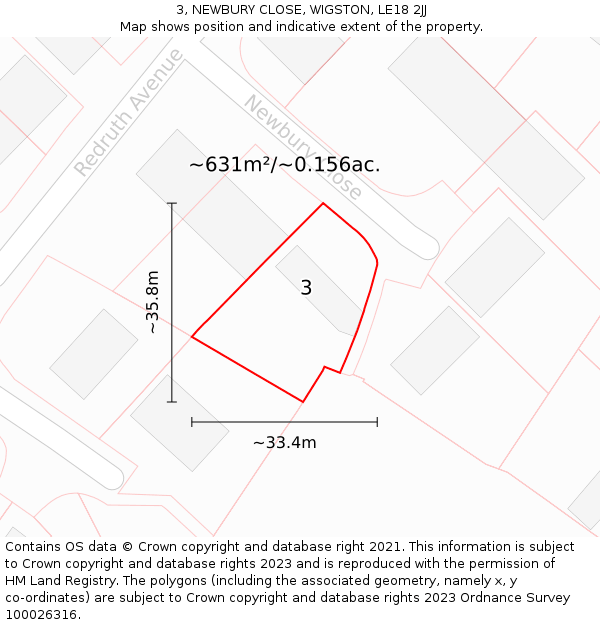 3, NEWBURY CLOSE, WIGSTON, LE18 2JJ: Plot and title map