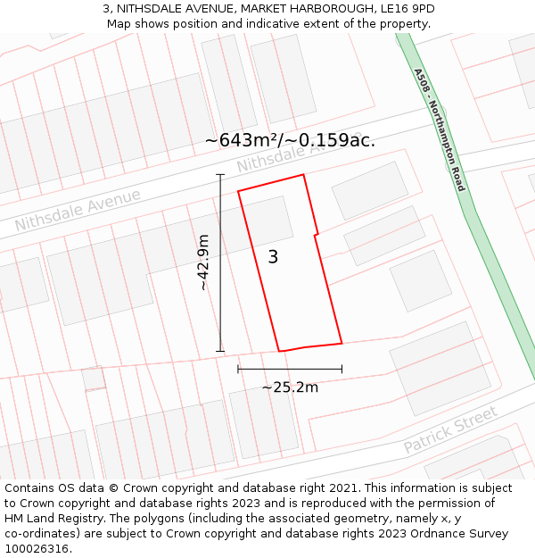 3, NITHSDALE AVENUE, MARKET HARBOROUGH, LE16 9PD: Plot and title map