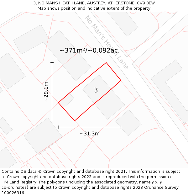 3, NO MANS HEATH LANE, AUSTREY, ATHERSTONE, CV9 3EW: Plot and title map