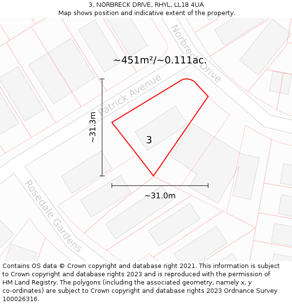 3, NORBRECK DRIVE, RHYL, LL18 4UA: Plot and title map