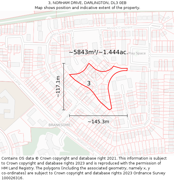 3, NORHAM DRIVE, DARLINGTON, DL3 0EB: Plot and title map