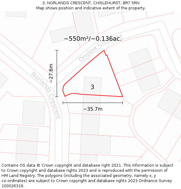 3, NORLANDS CRESCENT, CHISLEHURST, BR7 5RN: Plot and title map