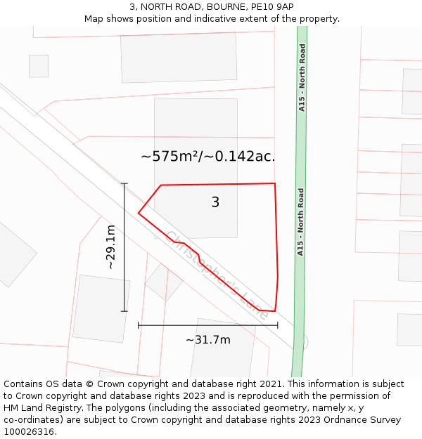 3, NORTH ROAD, BOURNE, PE10 9AP: Plot and title map