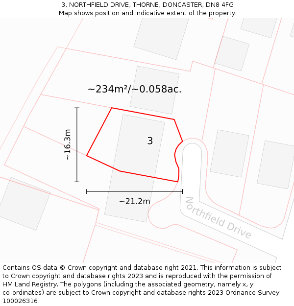 3, NORTHFIELD DRIVE, THORNE, DONCASTER, DN8 4FG: Plot and title map