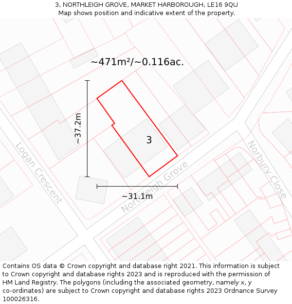 3, NORTHLEIGH GROVE, MARKET HARBOROUGH, LE16 9QU: Plot and title map