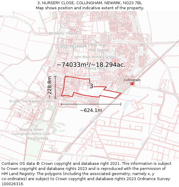 3, NURSERY CLOSE, COLLINGHAM, NEWARK, NG23 7BL: Plot and title map