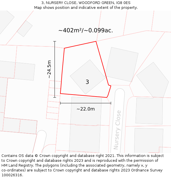 3, NURSERY CLOSE, WOODFORD GREEN, IG8 0ES: Plot and title map