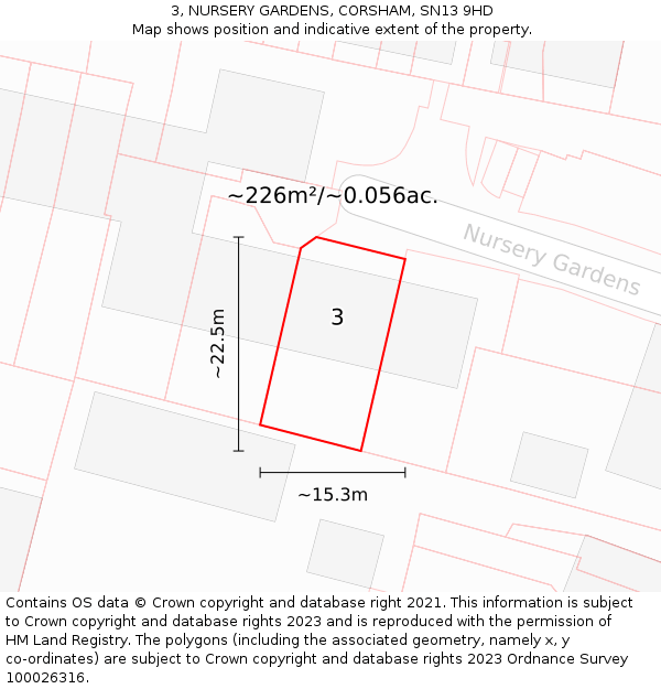 3, NURSERY GARDENS, CORSHAM, SN13 9HD: Plot and title map