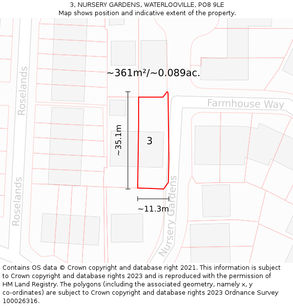 3, NURSERY GARDENS, WATERLOOVILLE, PO8 9LE: Plot and title map