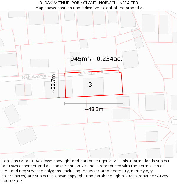 3, OAK AVENUE, PORINGLAND, NORWICH, NR14 7RB: Plot and title map