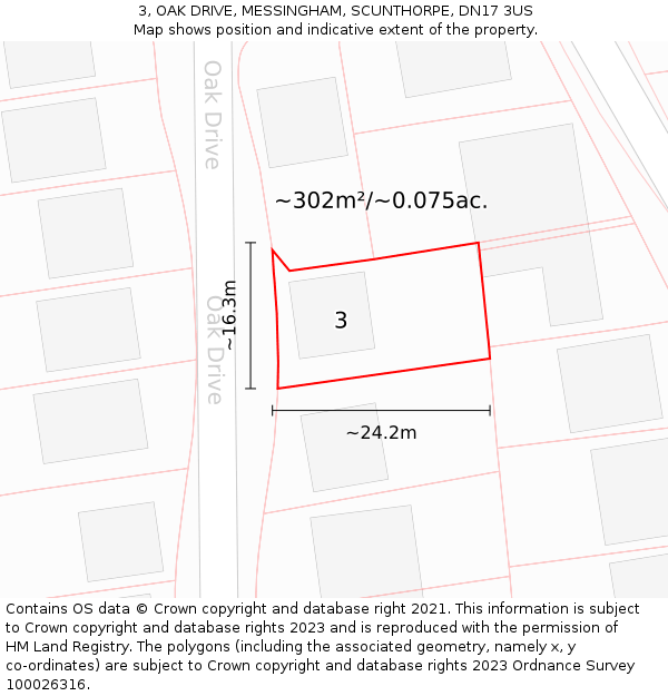 3, OAK DRIVE, MESSINGHAM, SCUNTHORPE, DN17 3US: Plot and title map