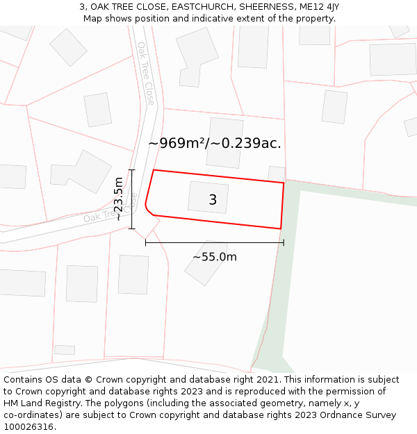 3, OAK TREE CLOSE, EASTCHURCH, SHEERNESS, ME12 4JY: Plot and title map