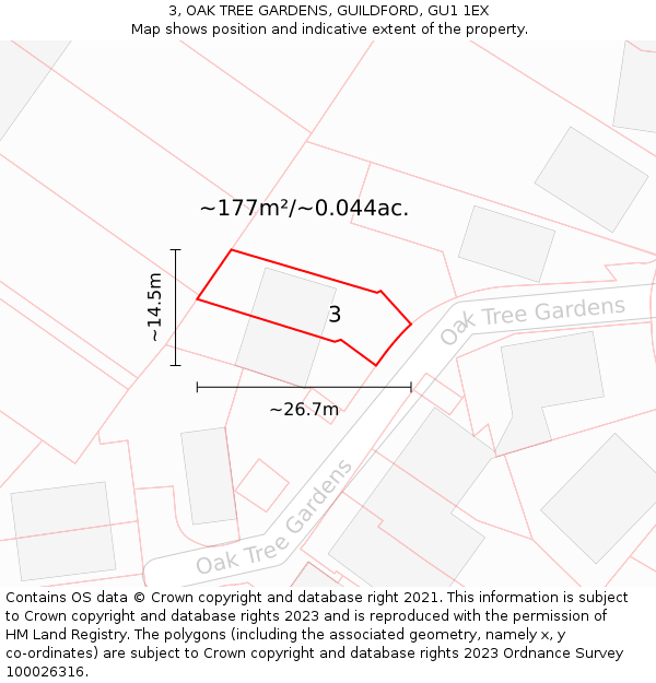 3, OAK TREE GARDENS, GUILDFORD, GU1 1EX: Plot and title map