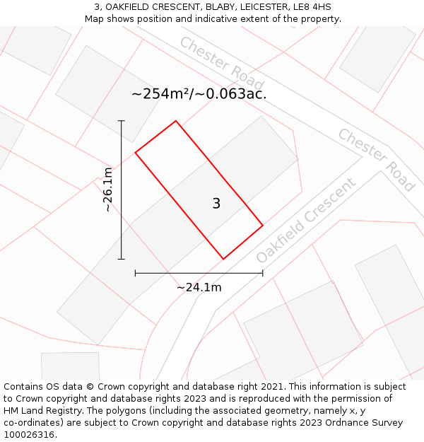 3, OAKFIELD CRESCENT, BLABY, LEICESTER, LE8 4HS: Plot and title map