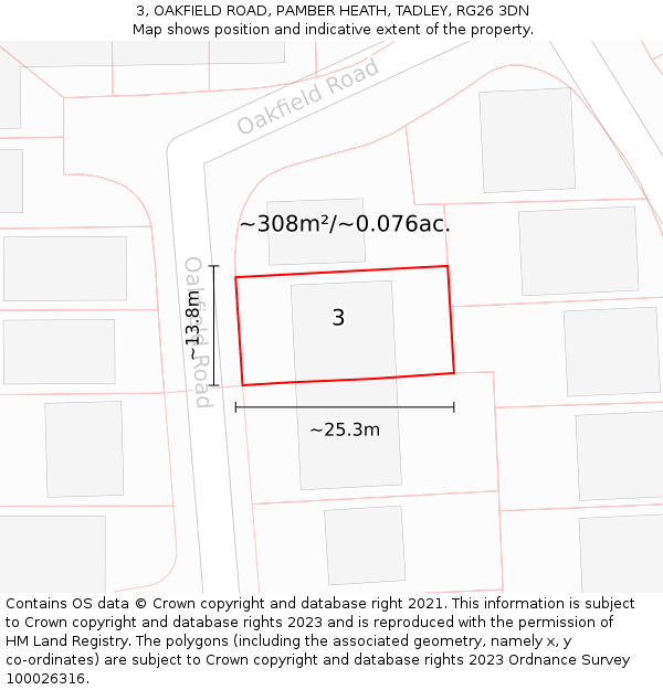 3, OAKFIELD ROAD, PAMBER HEATH, TADLEY, RG26 3DN: Plot and title map