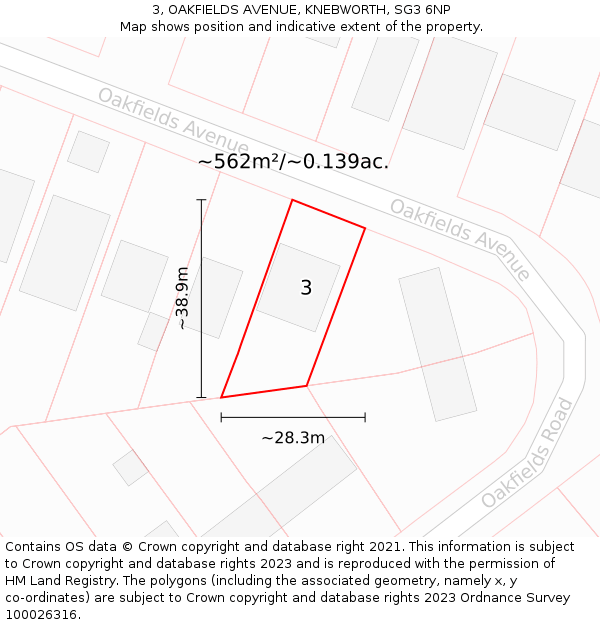 3, OAKFIELDS AVENUE, KNEBWORTH, SG3 6NP: Plot and title map