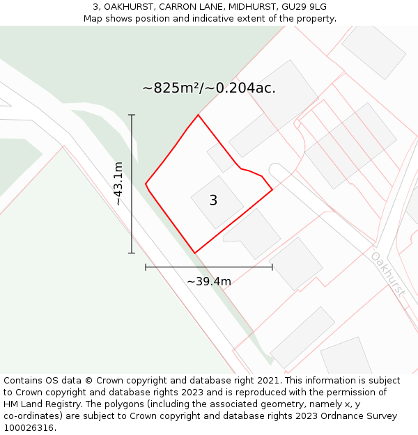 3, OAKHURST, CARRON LANE, MIDHURST, GU29 9LG: Plot and title map