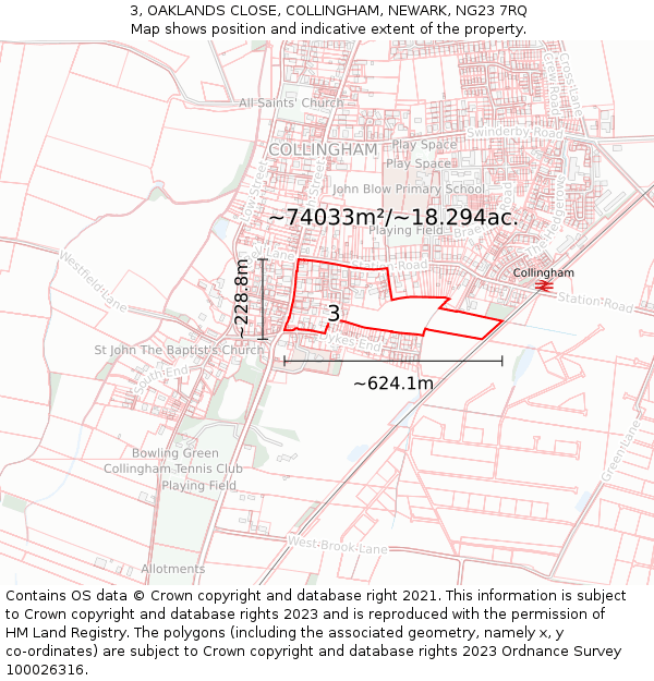 3, OAKLANDS CLOSE, COLLINGHAM, NEWARK, NG23 7RQ: Plot and title map