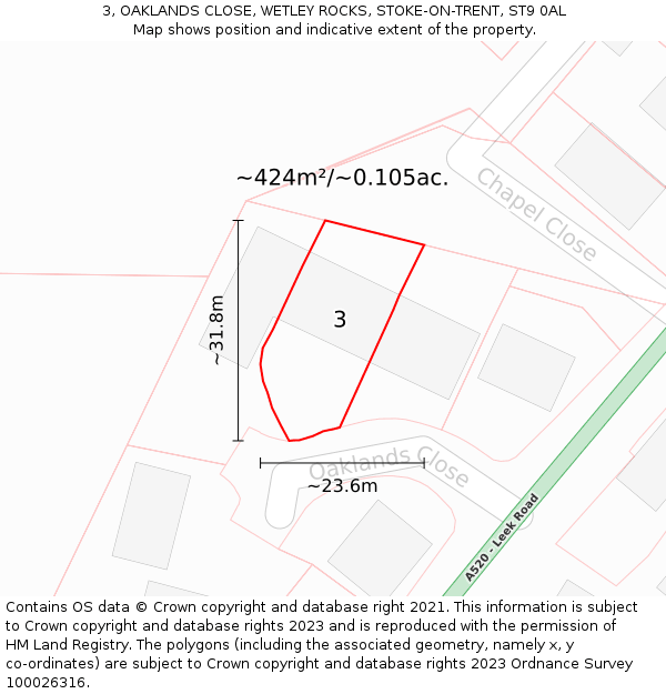 3, OAKLANDS CLOSE, WETLEY ROCKS, STOKE-ON-TRENT, ST9 0AL: Plot and title map