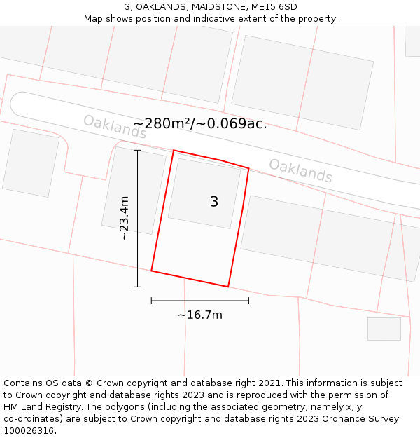 3, OAKLANDS, MAIDSTONE, ME15 6SD: Plot and title map