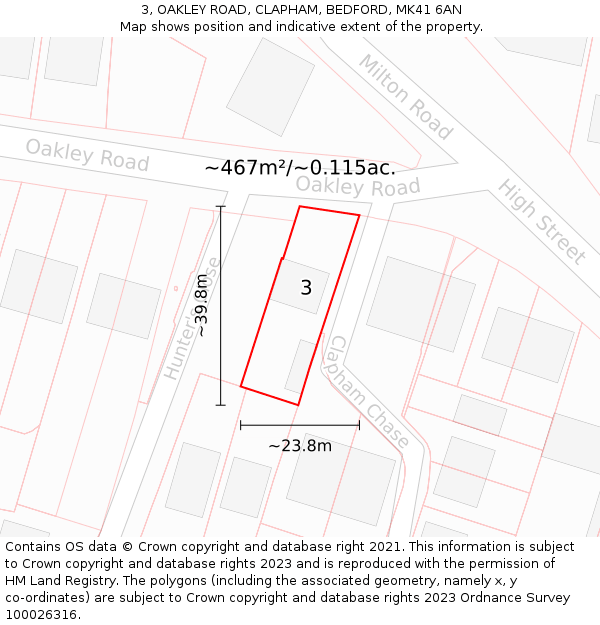 3, OAKLEY ROAD, CLAPHAM, BEDFORD, MK41 6AN: Plot and title map