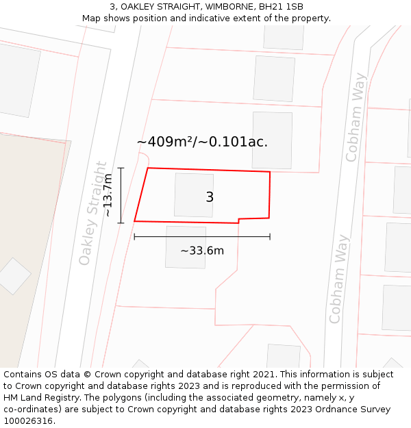 3, OAKLEY STRAIGHT, WIMBORNE, BH21 1SB: Plot and title map