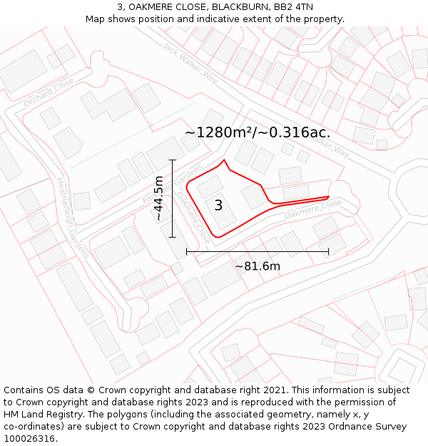 3, OAKMERE CLOSE, BLACKBURN, BB2 4TN: Plot and title map