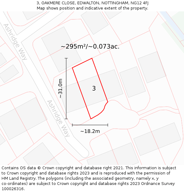 3, OAKMERE CLOSE, EDWALTON, NOTTINGHAM, NG12 4FJ: Plot and title map