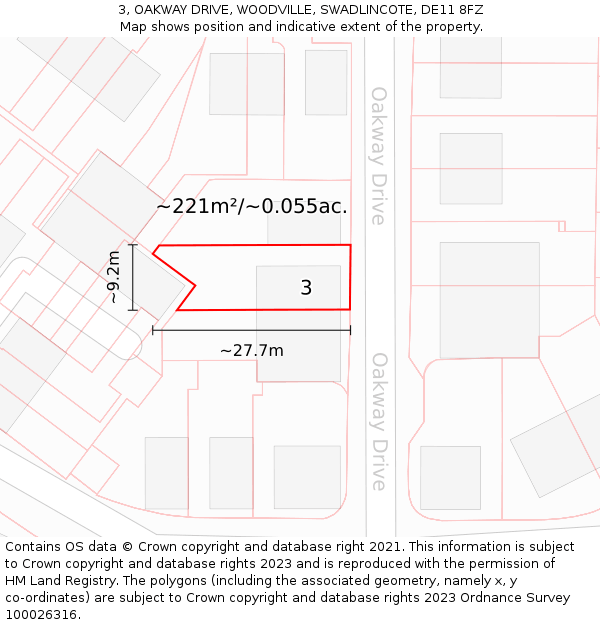 3, OAKWAY DRIVE, WOODVILLE, SWADLINCOTE, DE11 8FZ: Plot and title map