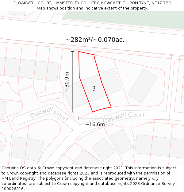 3, OAKWELL COURT, HAMSTERLEY COLLIERY, NEWCASTLE UPON TYNE, NE17 7BD: Plot and title map