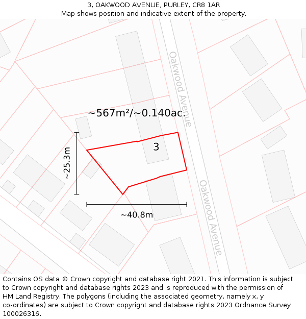 3, OAKWOOD AVENUE, PURLEY, CR8 1AR: Plot and title map