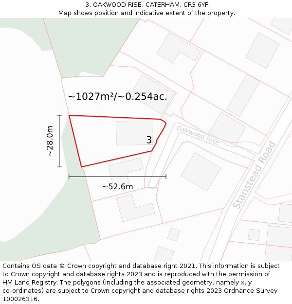 3, OAKWOOD RISE, CATERHAM, CR3 6YF: Plot and title map