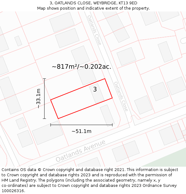 3, OATLANDS CLOSE, WEYBRIDGE, KT13 9ED: Plot and title map